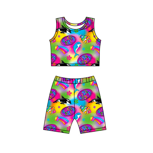 Baby Girls Cartoon Fishes Colorful Shirt Biking Shorts Clothes Sets preorder (moq 5)