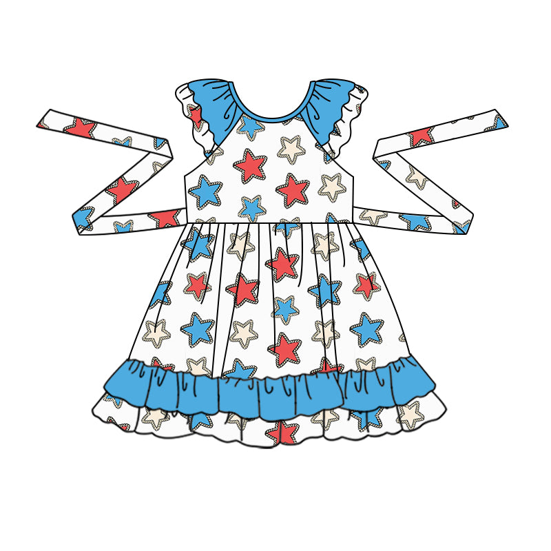 Baby Girls Belt Ruffle Blue Stars Knee Length Dresses preorder(moq 5)