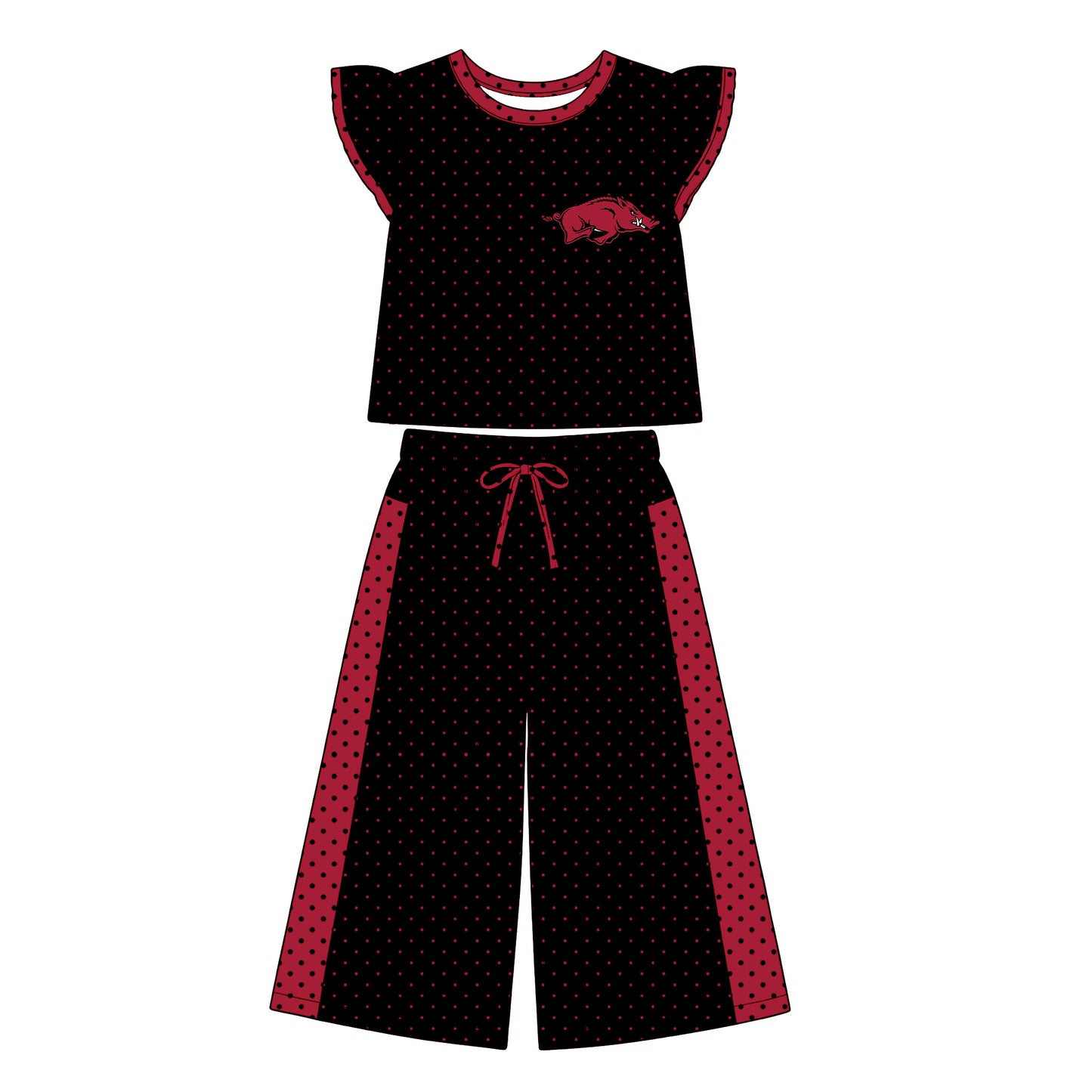 Preorder (moq 5)Baby Girls Flutter Sleeve Arkansas Polka Dots Top Flare Pant Team Clothes Set
