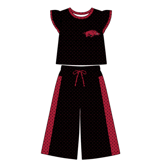 Preorder (moq 5)Baby Girls Flutter Sleeve Arkansas Polka Dots Top Flare Pant Team Clothes Set