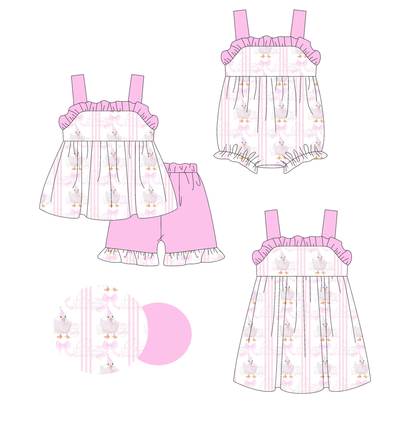 Preorder moq 5 Custom Baby Girls Pink Strap Bows Gooses Tunic Ruffle Short Set Knee Length Dress And Rompers