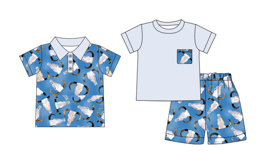 Preorder moq 5 Custom Baby Boys Blue Short Sleeves Bull Skull Top Short Set Polo Shirts Top