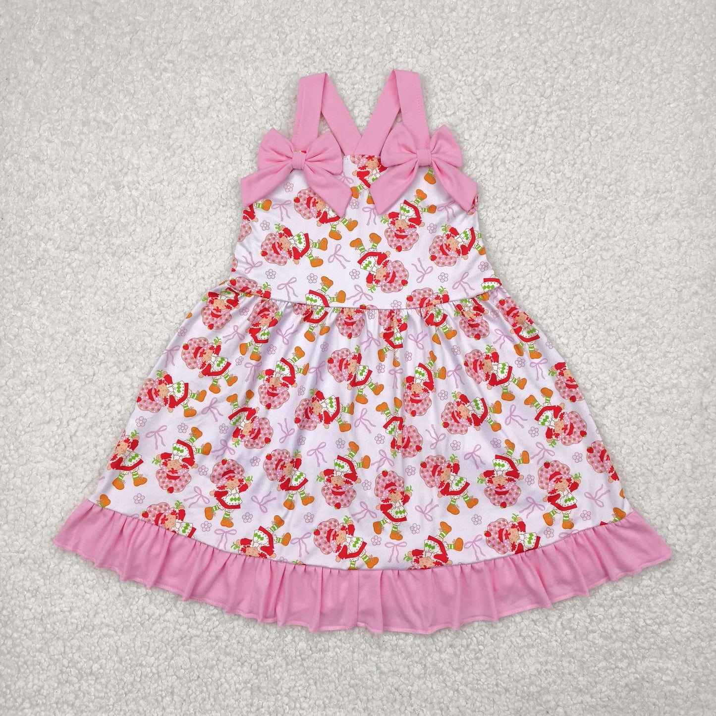 Sibling Baby Girls Pink Strap Bows Strawberry Floral Knee Length Dresses Rompers