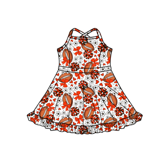 Preorder (moq 5)Baby Girls Strap Orange Bow Footballs Team Shorts Ruffle Knee Length Dress