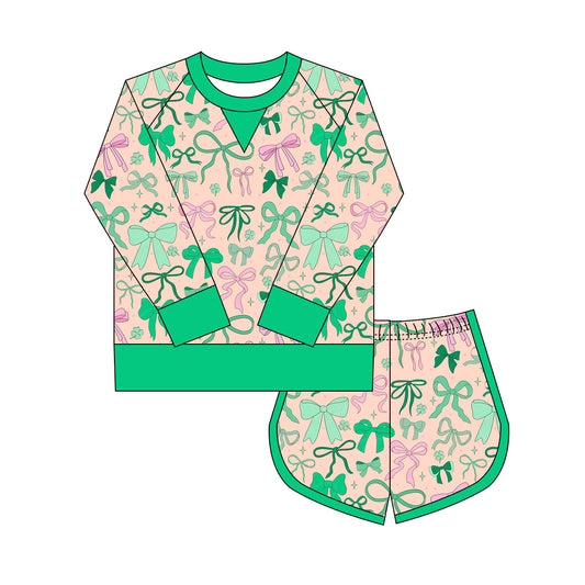 Preorder(moq 8)Baby Girls Green Pink Bows Clovers Long Sleeve Top Shorts St Patrick Clothes Set