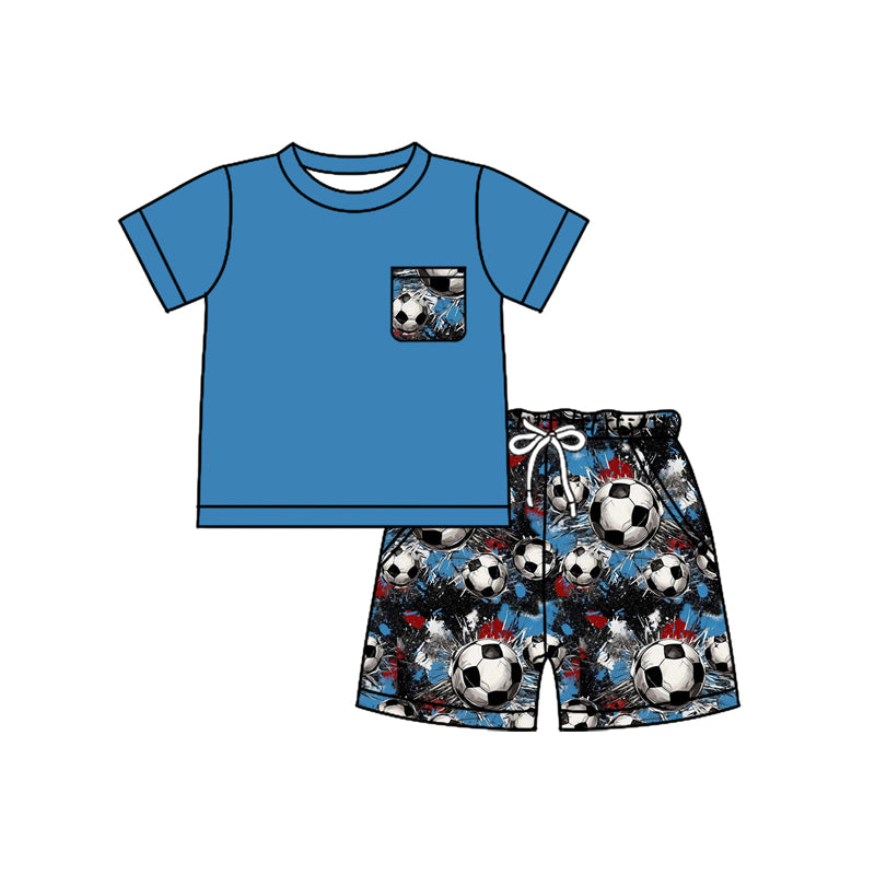 Preorder moq 5 Baby Boys Hot Blue Short Sleeves Pocket Top Footballs Short Set