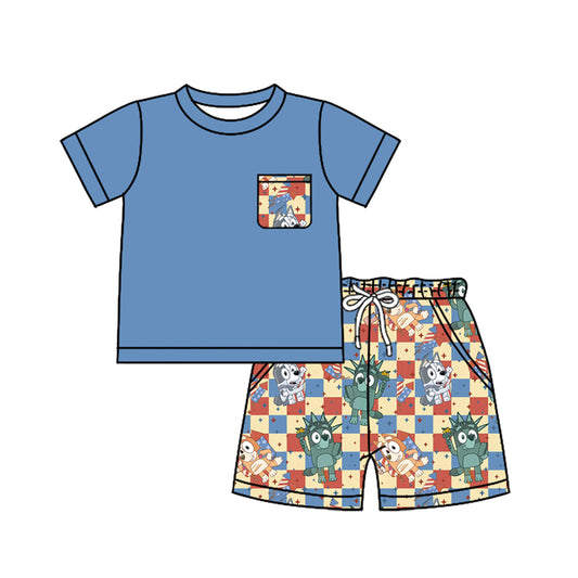 Preorder moq 5 Baby Boys Blue Short Sleeves Pocket Top Cartoon Dogs Flags Short 4th Of July Set
