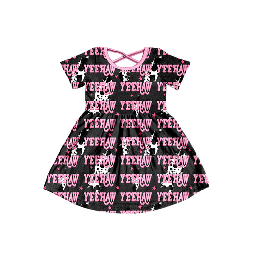 Preorder (moq 5)Baby Kids Short Sleeve Cow Print Lights Yeehaw Western Knee Length Dresses