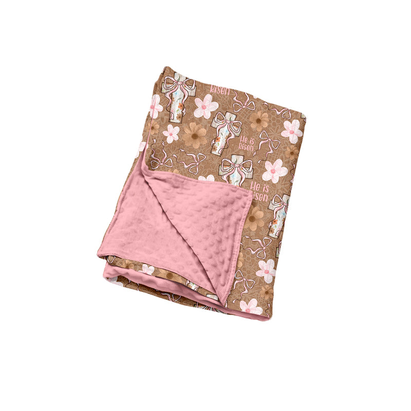 Preorder (moq 5) Baby Girl Clothes He Is Risen Cross Floral Allover Print Double Layer Minky Dot Baby Blanket