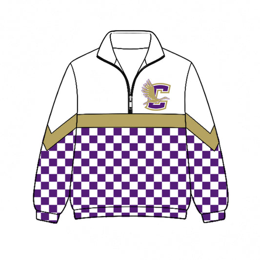 Preorder (moq 5)Baby Boys Purple Checked Golden Cranes Team Zip Pullovers Top