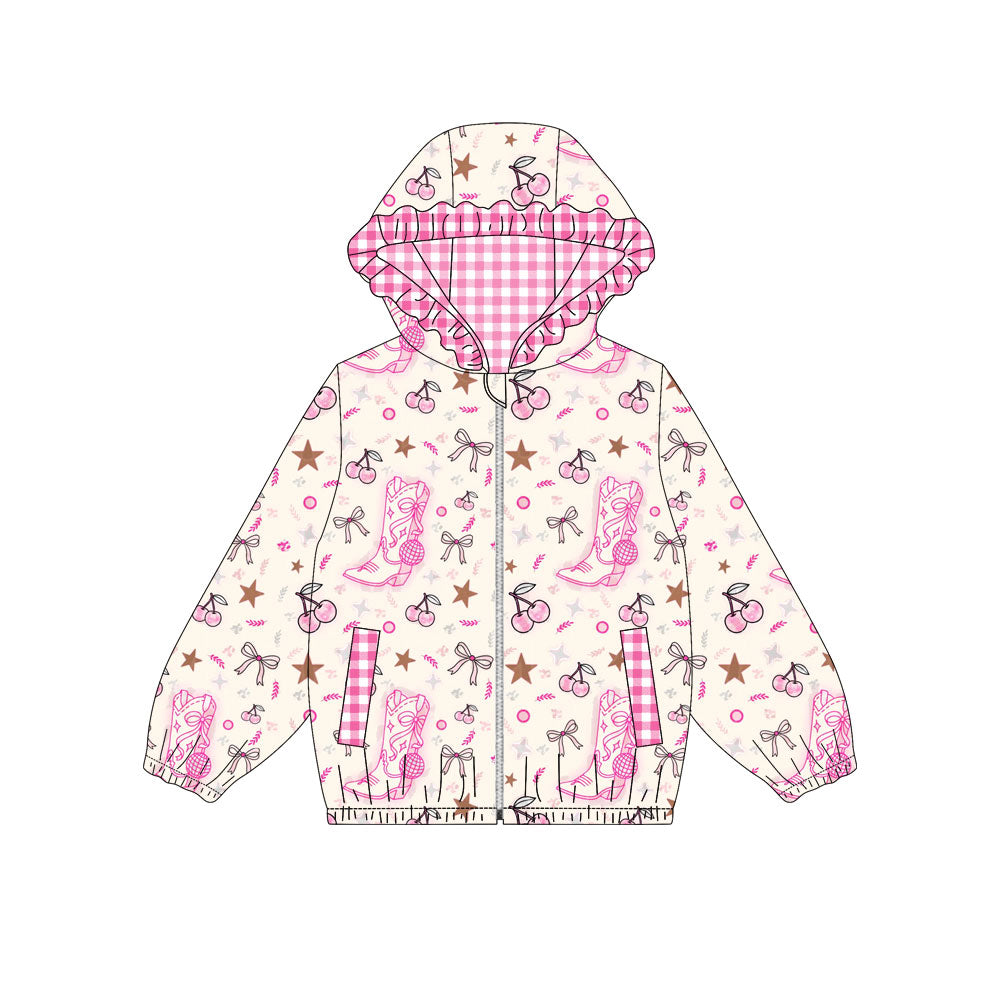 Preorder (moq 5)Baby Girls Pink Boots Cheers Pockets Zipper Ruffle Hoodies Jackets Top