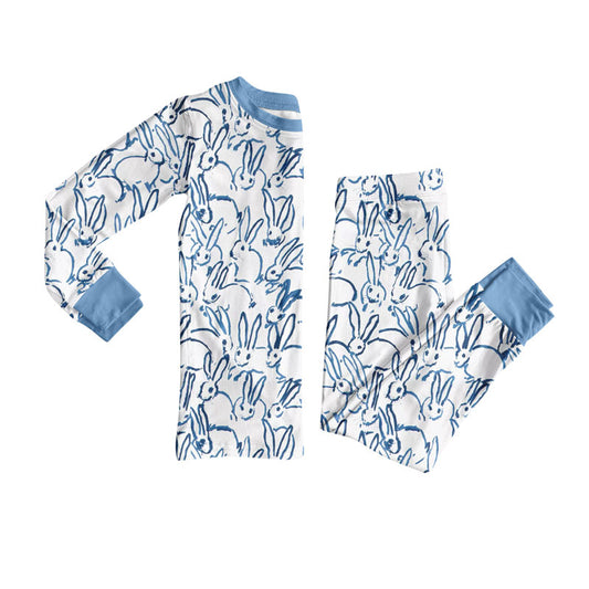 Preorder(moq 5) Baby Boys Blue Rabbits Plaid Top Pants Easter Pajamas Set