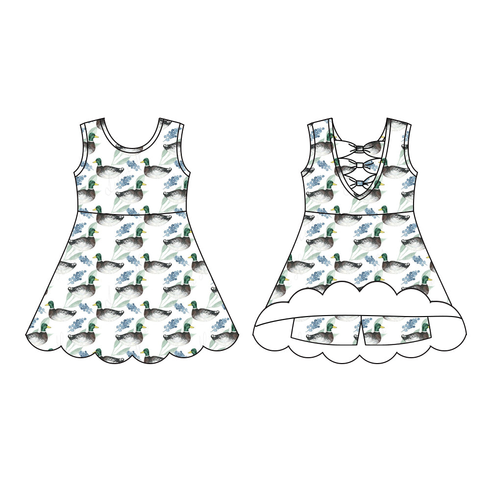 Preorder (moq 5)Baby Girls Sleeveless Blue Ducks Plaid Short Knee Length Dress