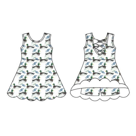 Preorder (moq 5)Baby Girls Sleeveless Blue Ducks Plaid Short Knee Length Dress