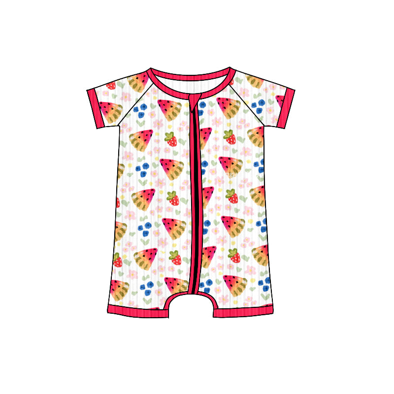 Preorder (moq 5)Baby Girls Short Sleeves Red Watermelon Flowers Plaid Zipper Shorts Rompers