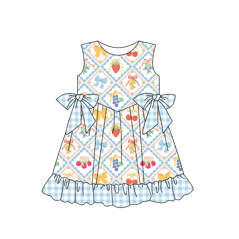 Preorder (moq 5)Baby Girls Blue Sleeveless Bows Strawberry Plaid Knee Length Dresses
