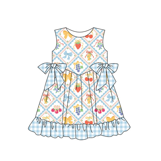 Preorder (moq 5)Baby Girls Blue Sleeveless Bows Strawberry Plaid Knee Length Dresses