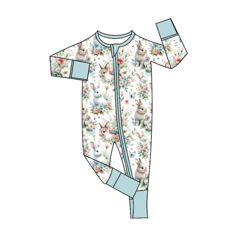 Preorder (moq 20)Baby Girls Bamboo Rabbits Flowers Easter Two Way Zip Convertible Rompers