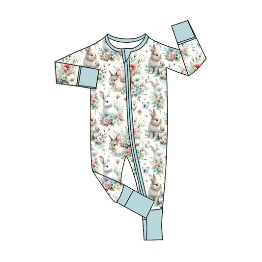Preorder (moq 20)Baby Girls Bamboo Rabbits Flowers Easter Two Way Zip Convertible Rompers