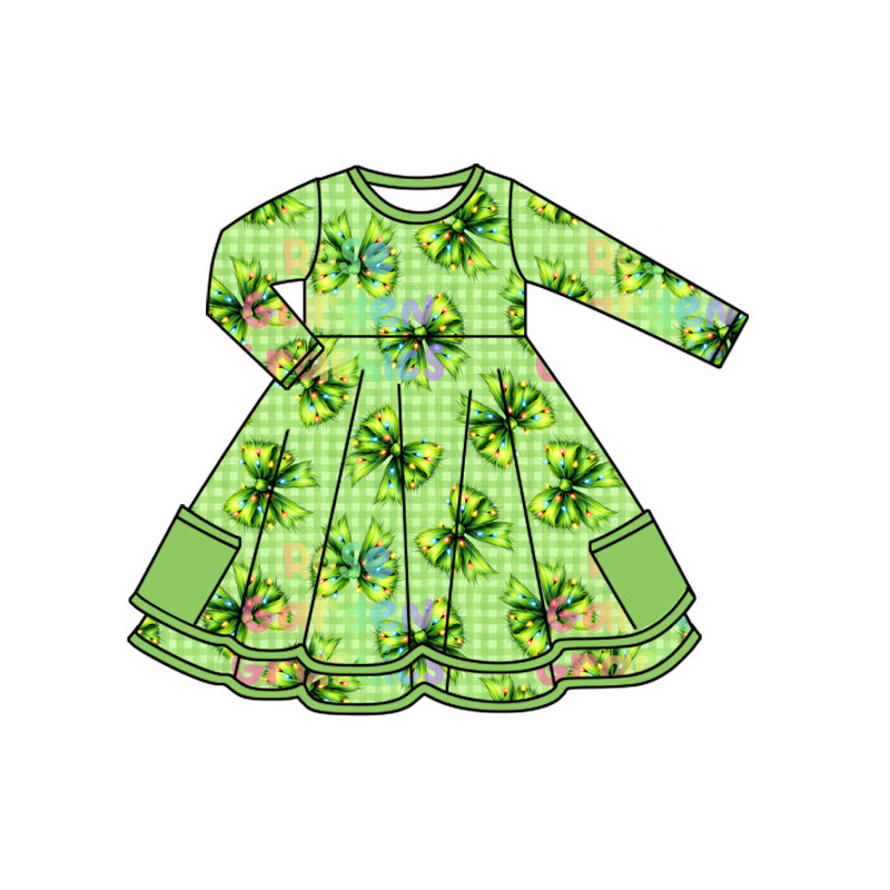 Preorder (moq 5)Baby Girls Long Sleeves Green Plaid Bows Pockets Knee Length Dresses