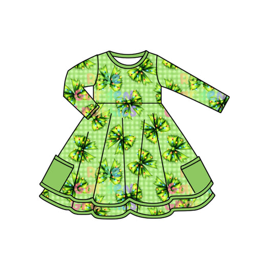 Preorder (moq 5)Baby Girls Long Sleeves Green Plaid Bows Pockets Knee Length Dresses