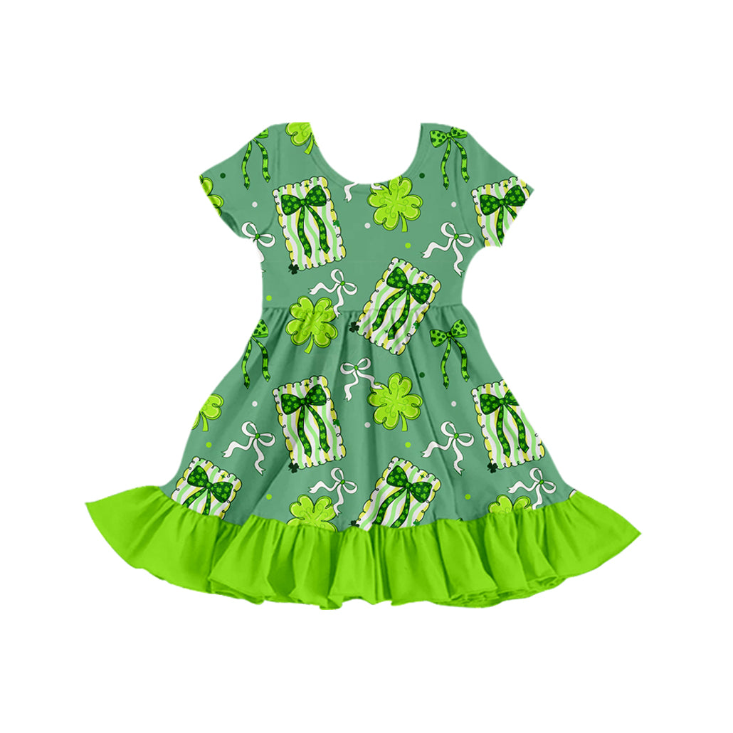 Preorder (moq 5) Baby Girl Clothes Green Clover Striped Gift Bow Print Short Sleeve Ruffle Twirl Dress