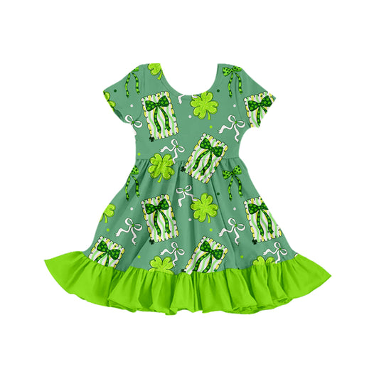 Preorder (moq 5) Baby Girl Clothes Green Clover Striped Gift Bow Print Short Sleeve Ruffle Twirl Dress