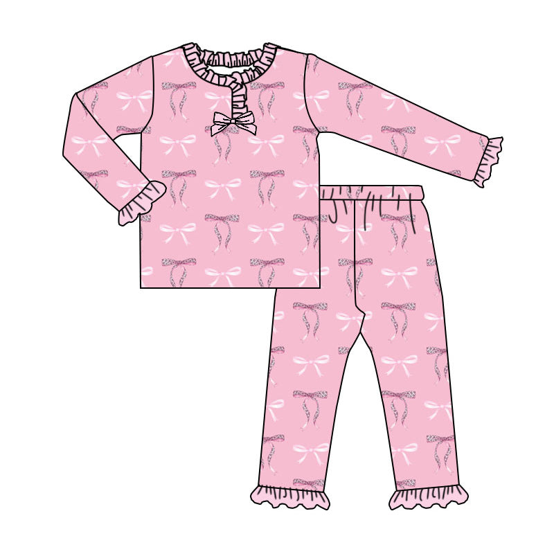 Preorder (moq 20)Baby Girls Bamboo Pink Bows Ruffle Pajamas Sets
