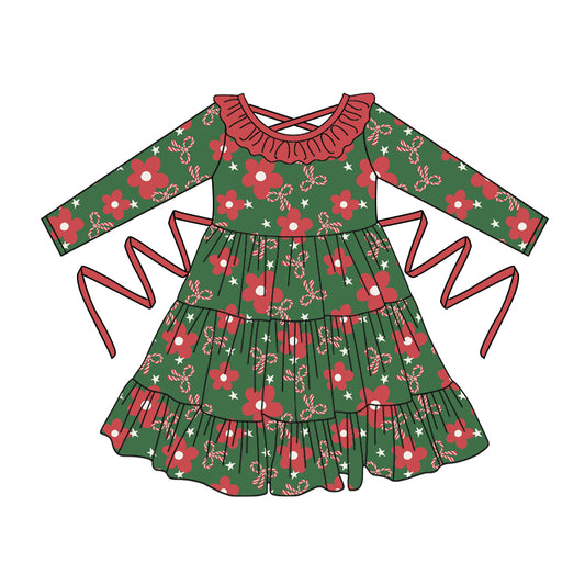 Preorder moq 5 Baby Girls Dark Green Long Sleeves Bows Flowers With Belt Ruffle Knee Length Dresses