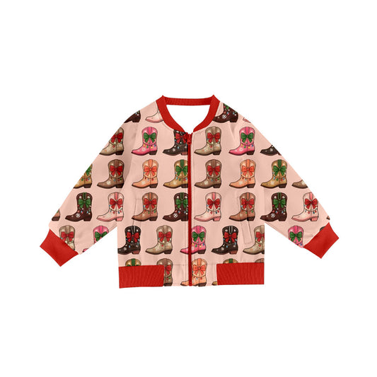 Preorder(moq 8)Baby Girls Lights Boots Checked Christmas Pockets Zip Jackets Top