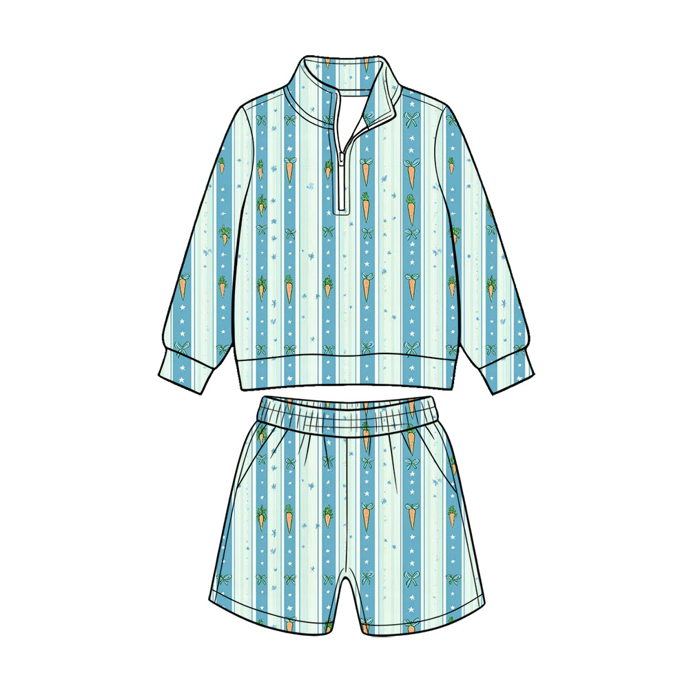 Preorder (moq 5) Baby Boy Clothes Easter Carrot Stripe Print Long Sleeve Quarter Zip Top Short Set