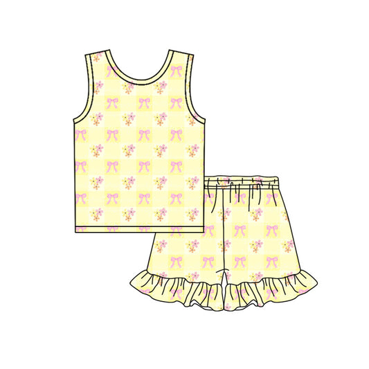 Preorder (moq 5)Baby Girls Yellow Checked Flower Bows Top Ruffle Shorts Clothes Sets