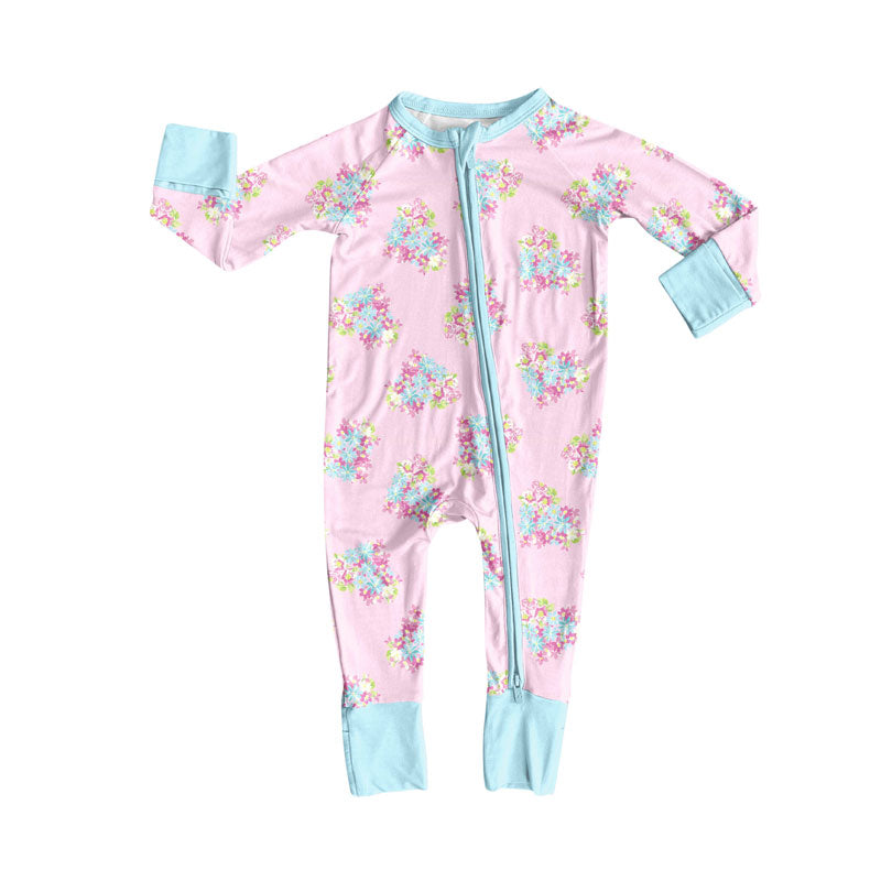 Preorder (moq 20)Baby Girls Bamboo Pink Heart Flowers Valentine Zipper Footie Rompers