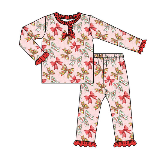 Preorder (moq 5)Baby Girls Pink Trees Bows Christmas Ruffle Pants Pajamas Sets