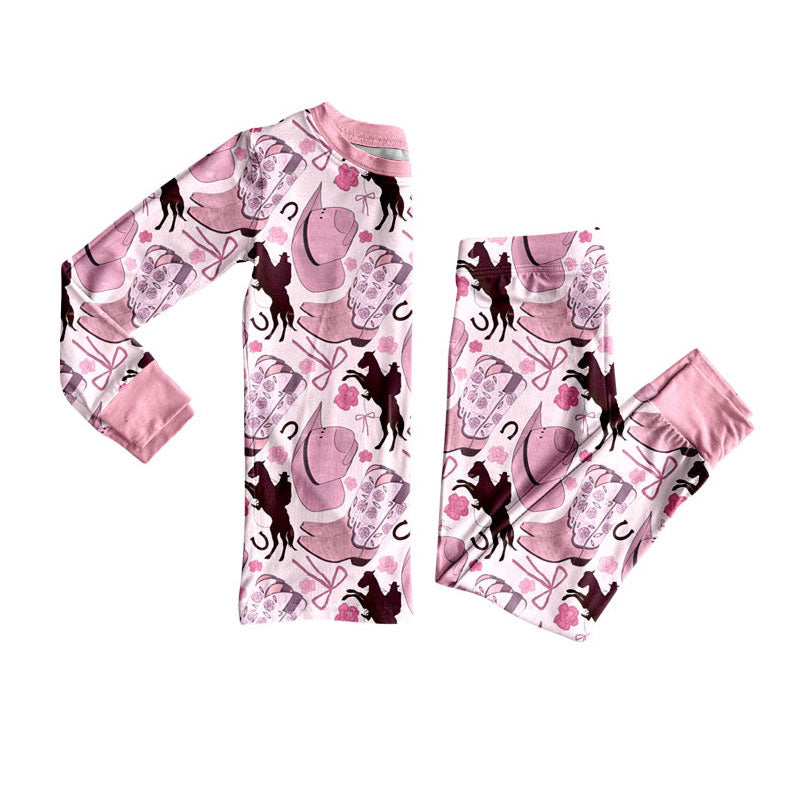 Preorder (moq 5)Baby Girls Hats Horse Rodeos Top Pants Western Pajamas Sets