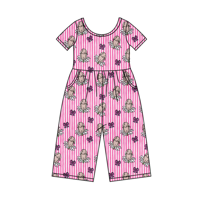 Preorder(moq 8)Baby Girls Pink Stripe Rabbits Flowers Easter Pockets Jumpsuits