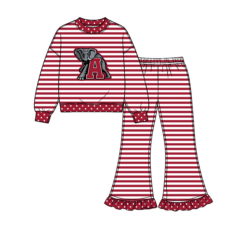 Preorder (moq 5) Baby Girl Clothes Alabama Elephant Striped Print Long Sleeve Top Ruffle Flare Pant Outfit Set