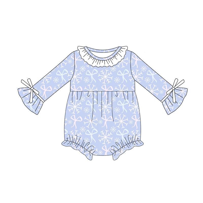 Preorder (moq 5)Baby Girls Long Sleeves Blue Bows Snowflake Ruffle Rompers
