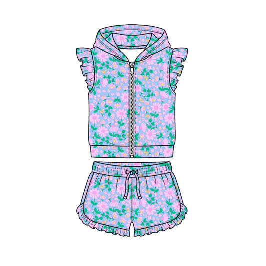 Preorder (moq 5)Baby Girls Colorful Floral Hoodie Zip Jacket Ruffle Short Clothes Sets