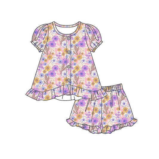 Preorder moq 5 Baby Girls Colorful Floral Button Tunic Ruffle Shorts Clothes Set