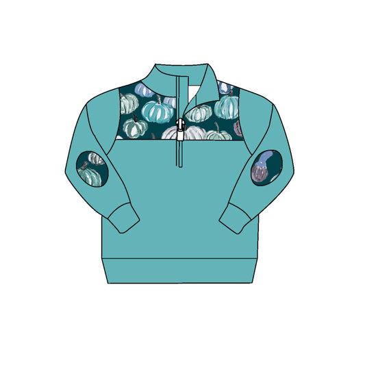 Preorder (moq 5)Baby Boys Blue Long Sleeve Colorful Pumpkins Fall Zip Pullovers Top