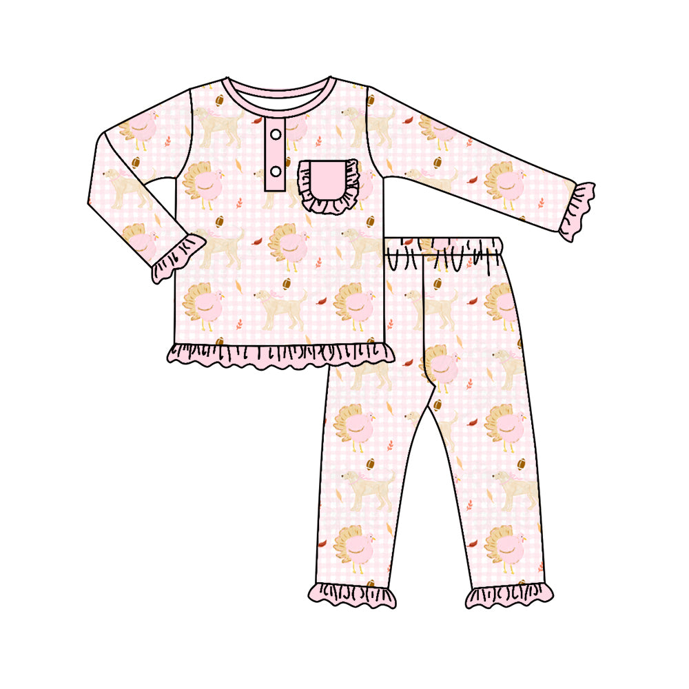 Preorder (moq 5)Baby Girls Dog Footballs Button Pocket Top Ruffle Pants Fall Pajamas Set