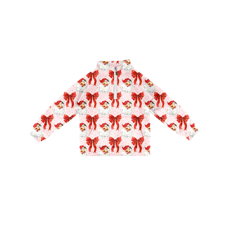 Preorder (moq 5)Baby Girls Long Sleeves Red Bows Santa Pocket Zipper Pullovers Top