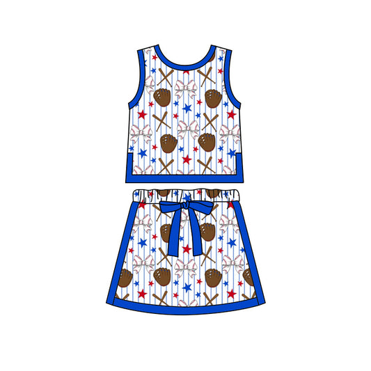 Preorder moq 5 Baby Girls Stars Baseballs Stripe Vests Skirt Shorts Team Clothes Set
