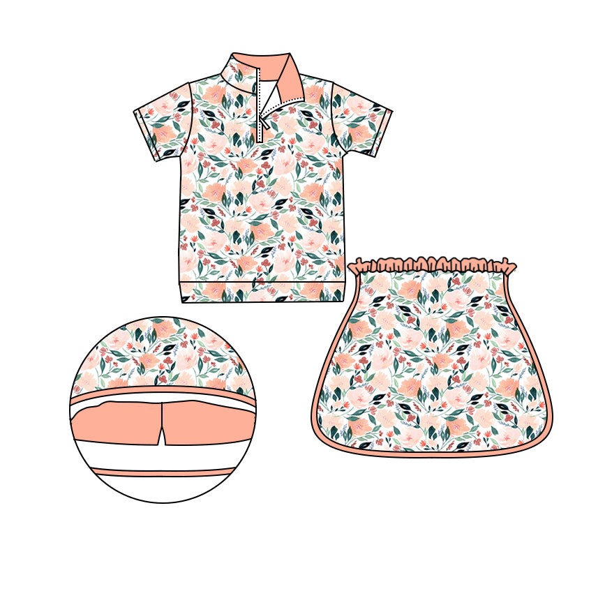 Preorder (moq 5)Baby Girls Orange Flowers Zip Pullovers Top Skort Shorts Clothes Sets