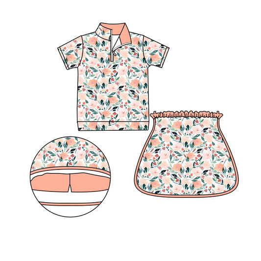 Preorder (moq 5)Baby Girls Orange Flowers Zip Pullovers Top Skort Shorts Clothes Sets