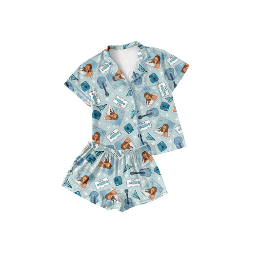 Preorder (moq 5)Baby Girls Blue Singer Buttons Top Shorts Pajamas Sets