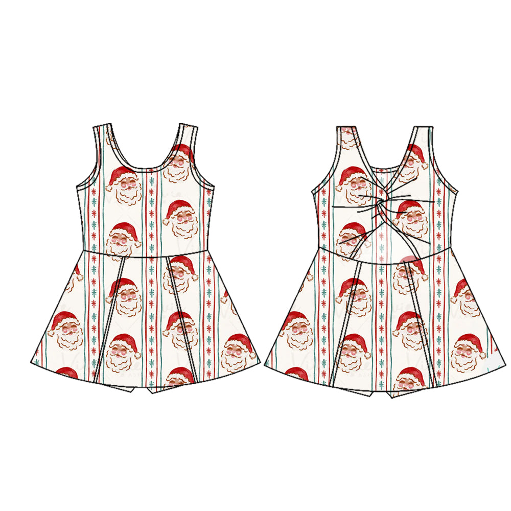 Preorder (moq 5)Baby Girls Sleeveless Santa Snowflake Stripes Shorts Knee Length Dresses