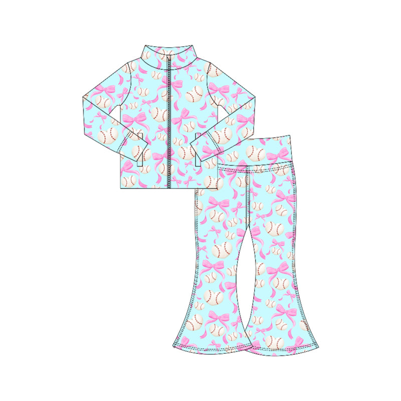 Preorder (moq 5)Baby Girls Pink Bows Heart Baseballs Zipper Jacket Top Bell Bottom Pants Set