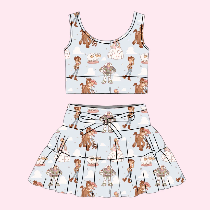 Preorder (moq 5)Baby Girls Cartoon Men Donkey Vest Top Skirt Shorts Clothes Set